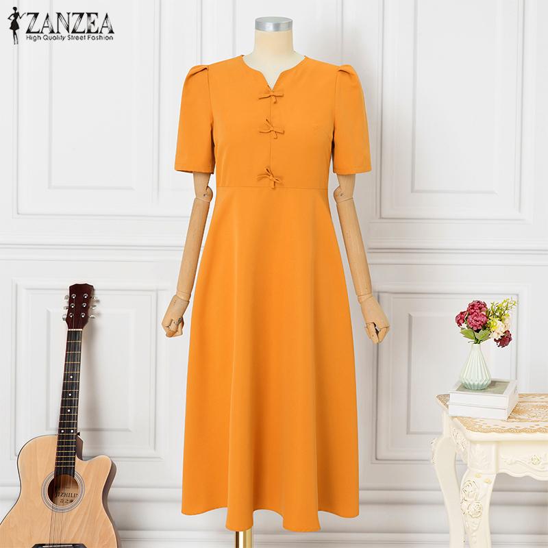 ZANZEA Women Casual V-Neck Summer Short Sleeve Long Dress