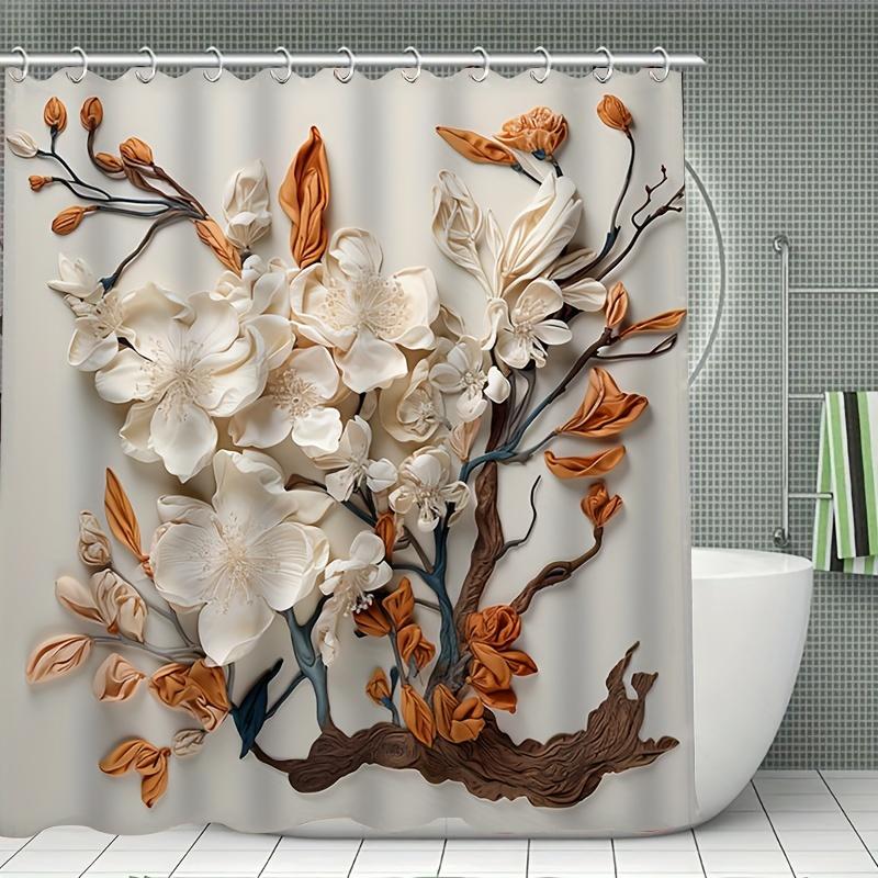 

1Pc Shower Curtain - Elegant 3D Floral Design With White Flowers And Brown Leaves Waterproof W60H190(CM)-1 Pcs
