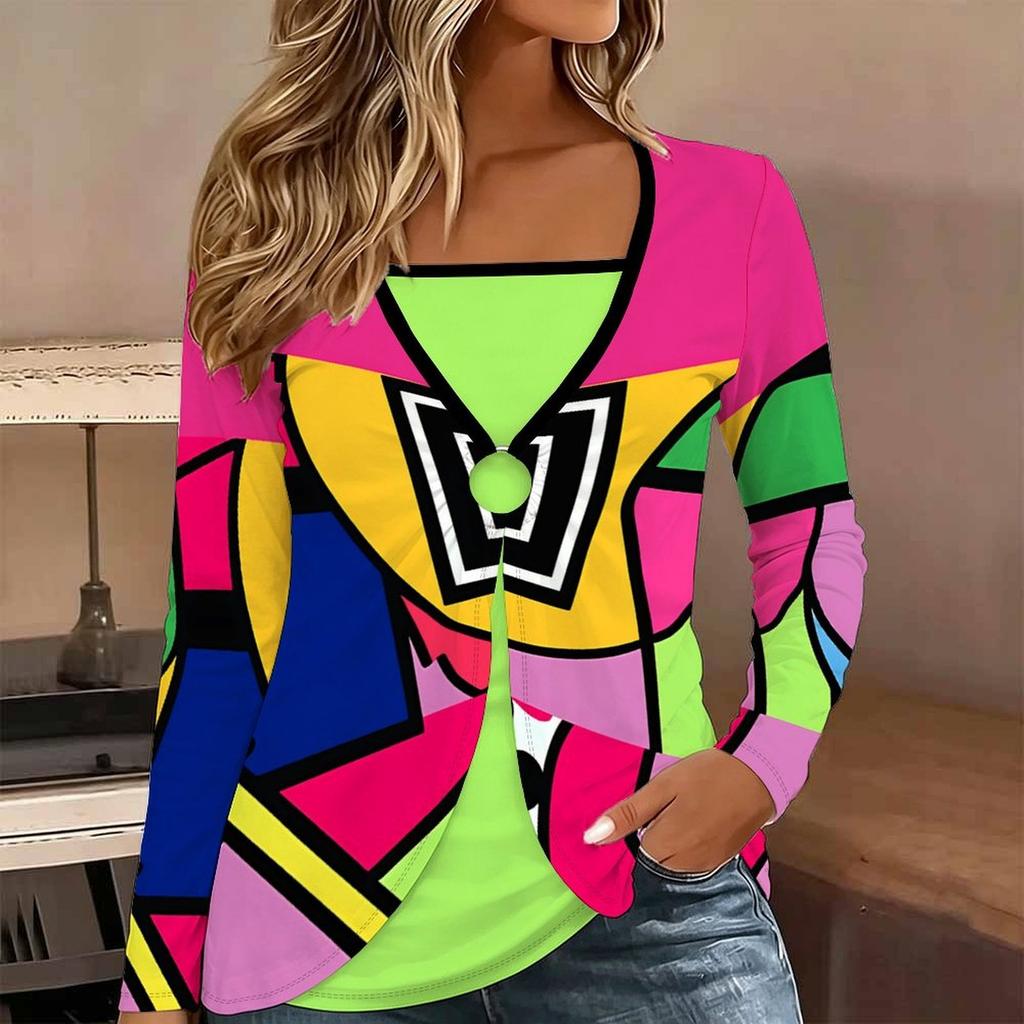 Tops for Women Geometric Pattern Print Long Sleeve Fake Two‑Piece Top Fall Casual Slim Pullover Women's Long Sleeve Top