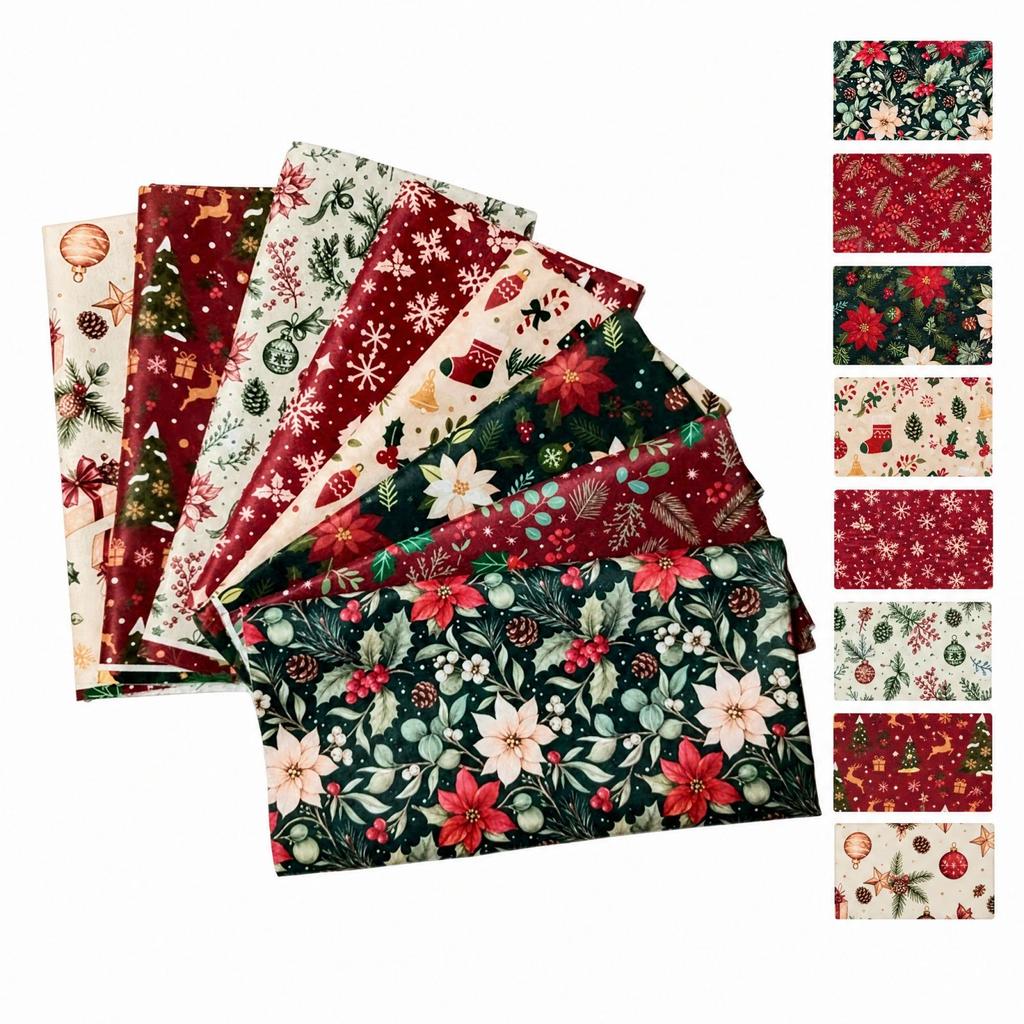 Christmas Tree and Christmas Floral Plaid Fabric for Patchwork and Sewing, Fabric Bundle