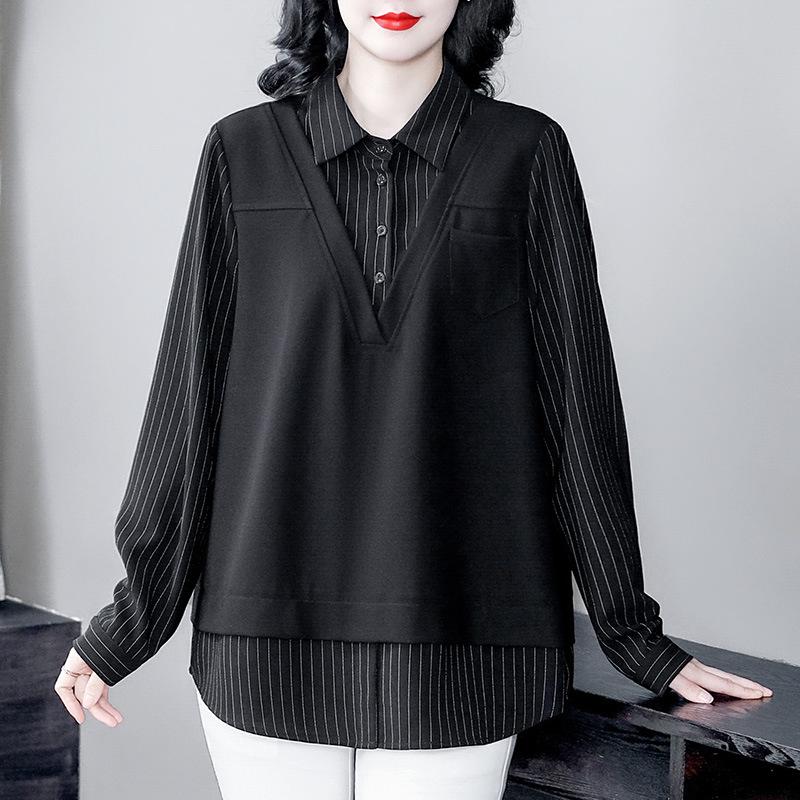 Spring Casual Plus-Size Two-Piece Shirt - Light Mature Style with Turn-Down Collar for Women