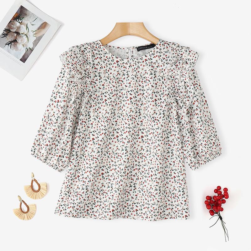 

ZANZEA Жіноча повсякденна блузка з круглим вирізом, рукавом 3/4, вільного крою, з квітковим принтом S білий