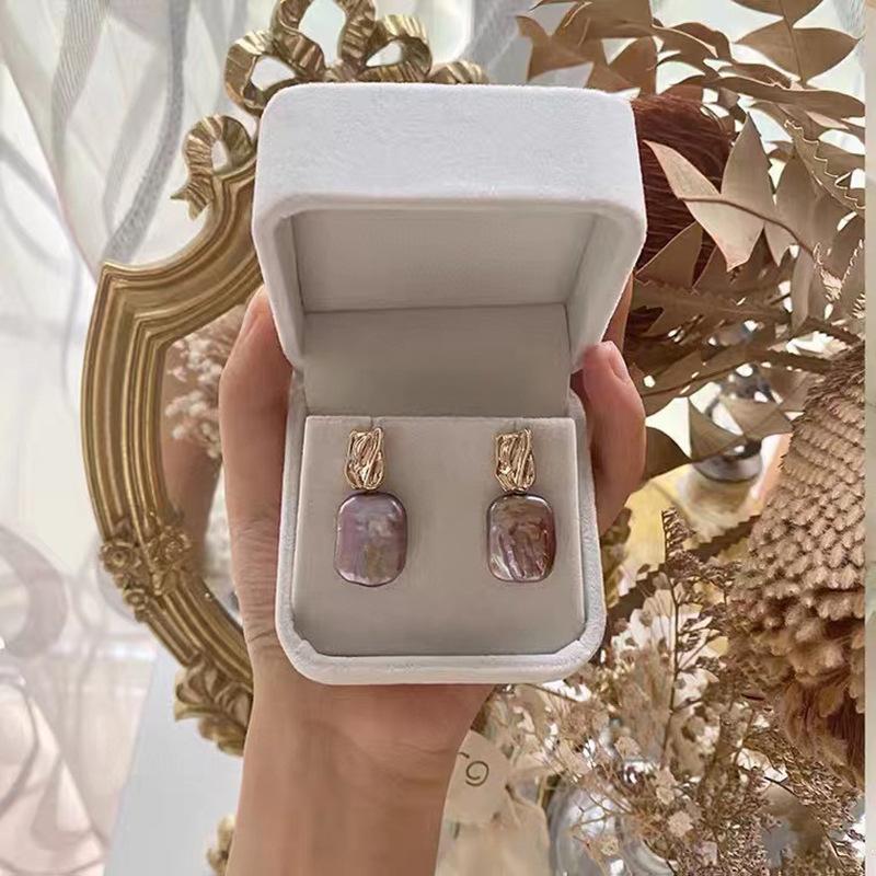 Natural freshwater pearl square earrings, silver needle earrings, light luxury women, minimalist vintage irregular baroque earrings, high-end summer