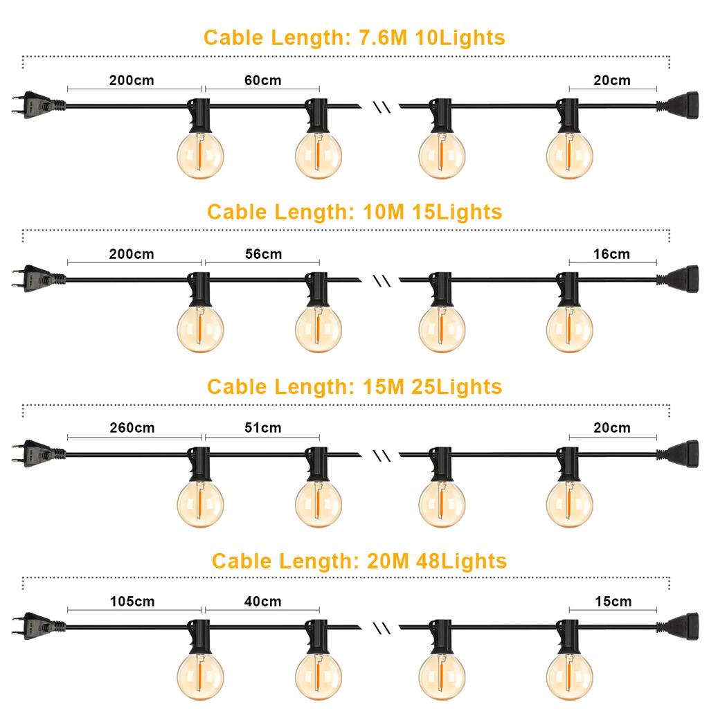 G40 Lichterkette für den Außenbereich Vintage Bernstein Glas LED-Birne Dimmbar IP44 Wasserdicht Haus Veranda Dekoration Verbindbare Girlande Lichterkette