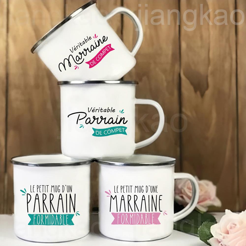 Französische Taufpatin Pate Druck Emaille Kaffeetasse Getränke Milchbecher Campingtassen Bestes Geburtstags-Feiertagsgeschenk für Patentante Patenonkel