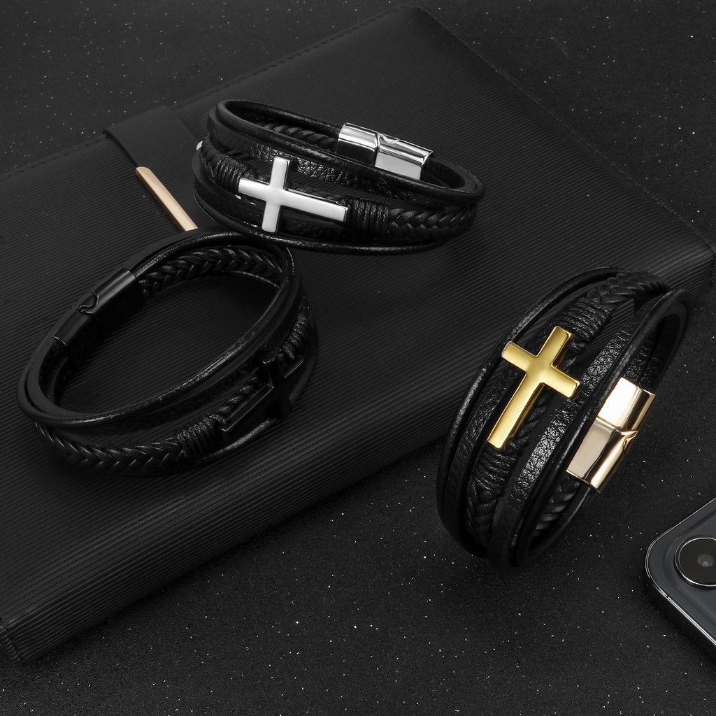 Europäisches und amerikanisches mehrlagiges Lederarmband mit Magnetverschluss – handgewebtes Herrendesign