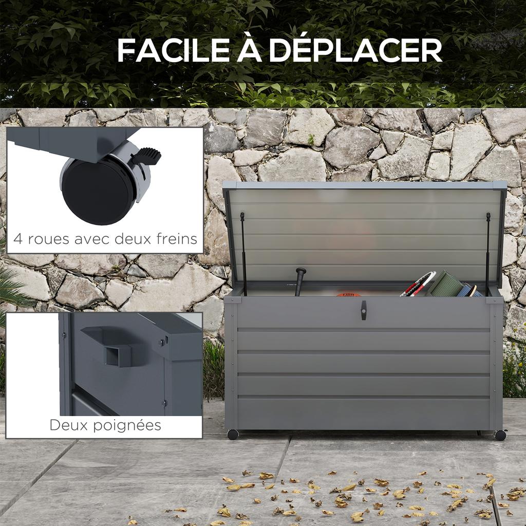 Outdoor storage box, 311 L, gas strut, wheels, handle, galvanized steel, 120 x 62 x 66 cm, grey