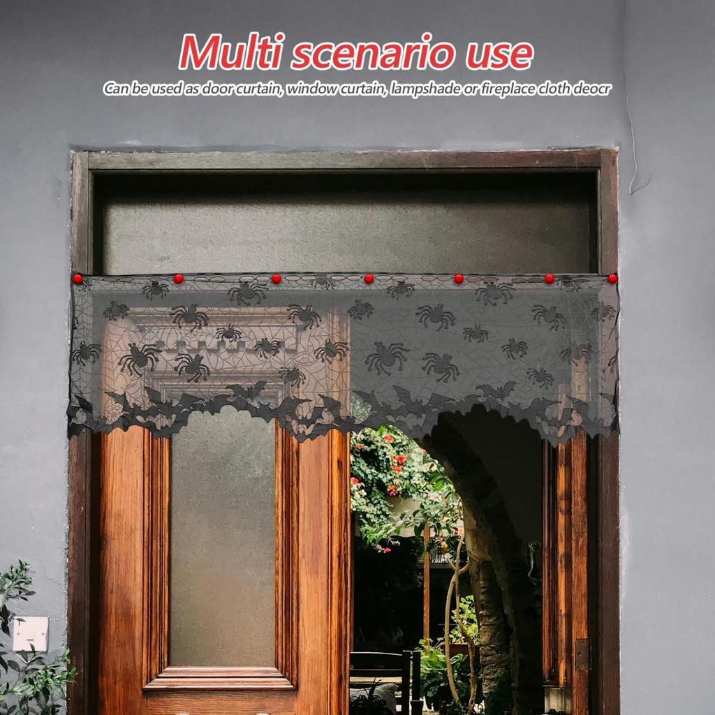 BESTOYARD Halloween Lace Window Curtain with Spider and Bats Design, Sheer Curtain for Indoor, Lampshade, Fireplace Cloth, Spooky Ghost Festival