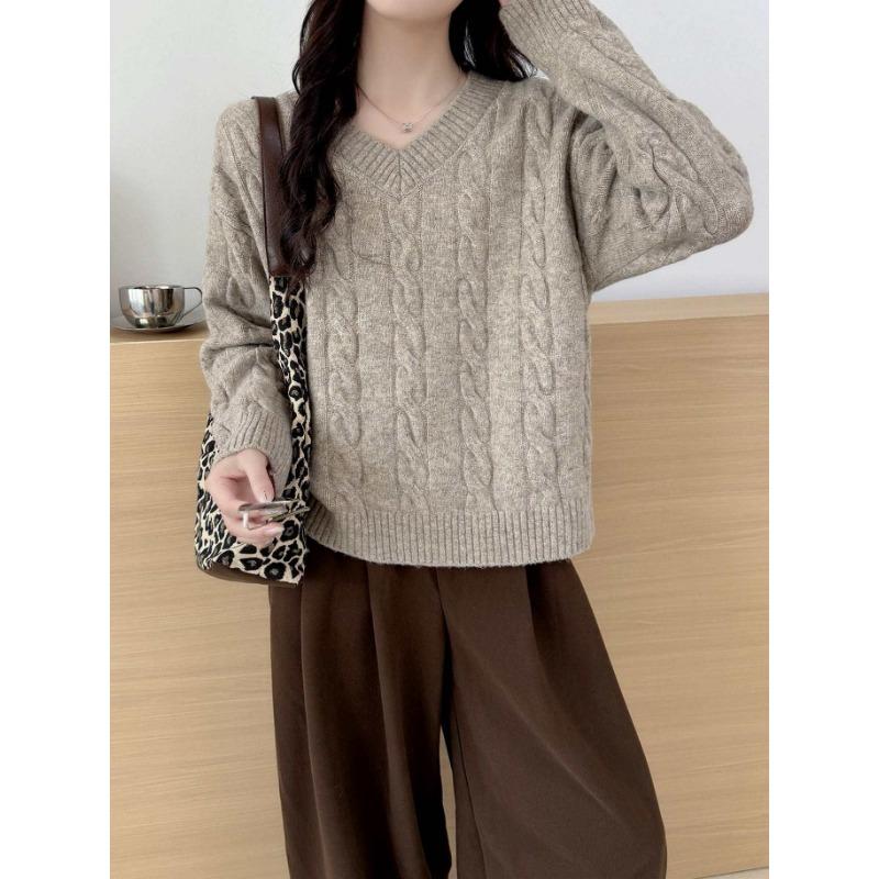 

Осень и зима новый ретро свитер женский свободный и простой ветер твист пуловер V-образный вырез длинный рукав маленький базовый вязаный свитер хаки