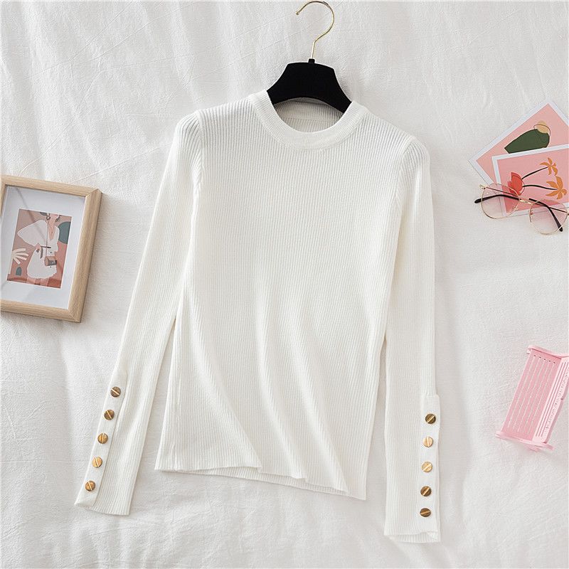 Autumn and Winter Women's Crew Neck Sweater Slim Fit Long Sleeve Pullover Knitwear Stretch Knit Top