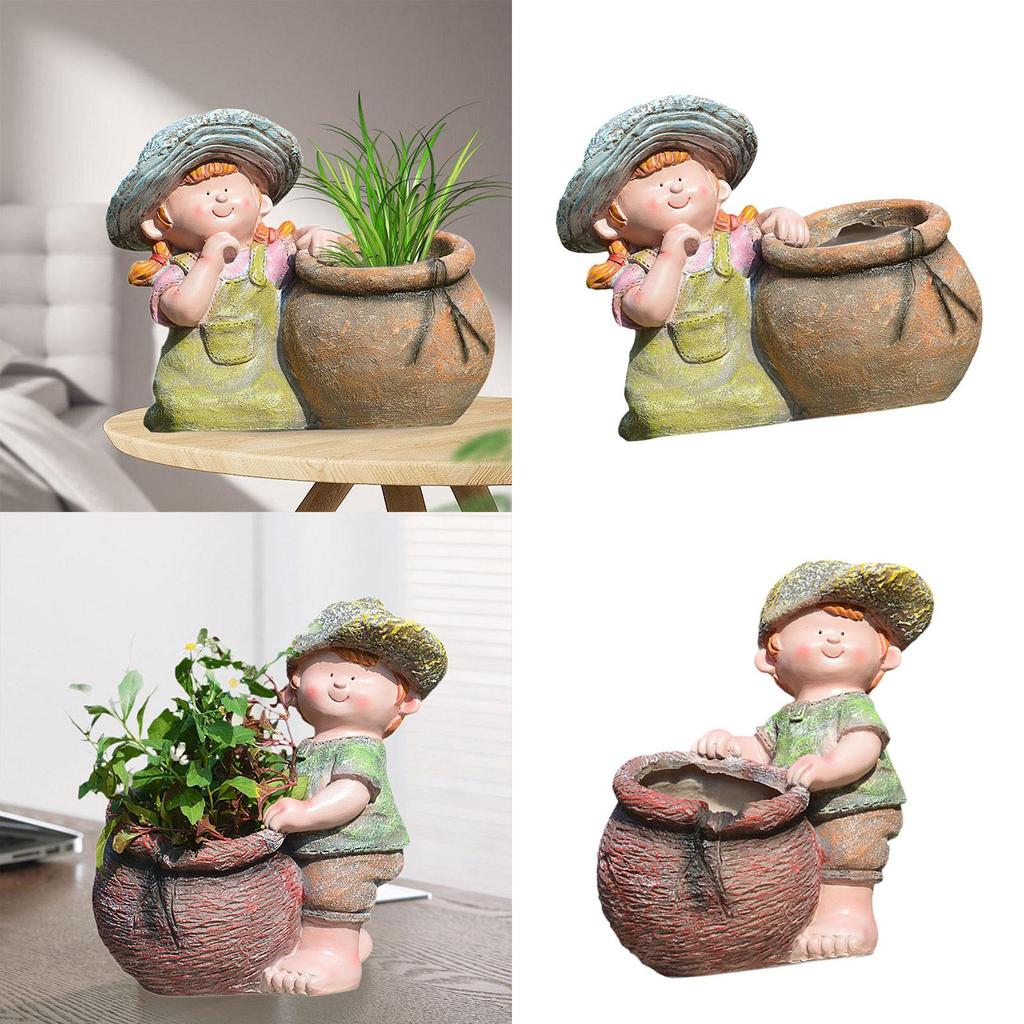 Flower Pot Statue Cute Creative Resin Plant Pot Decorative Figurine Desktop Ornament for Table Office Bookshelf Windowsill Patio