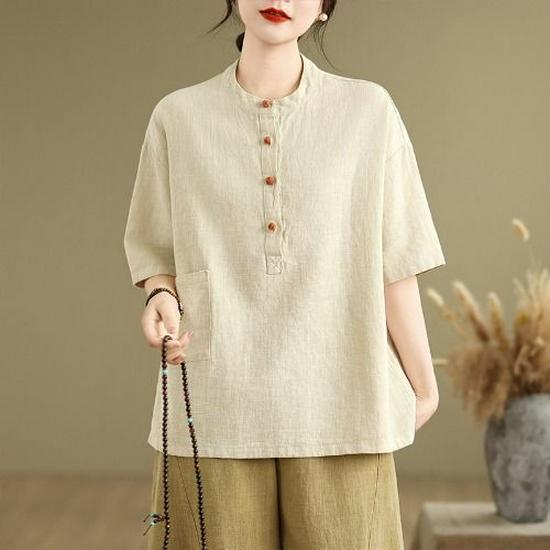 Plus Size Retro Linen Button Pocket T-shirt - Women's Slimming Fashion Short Sleeve Top for Summer 2025.