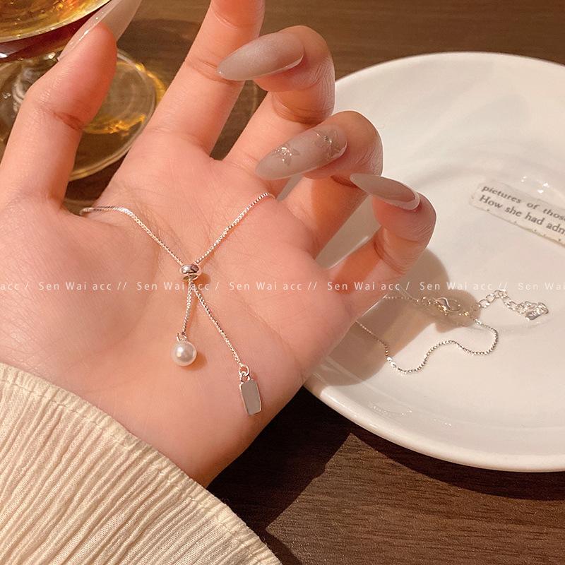 Pull-up pearl silver necklace female design sense unique cold wind collarbone chain temperament match