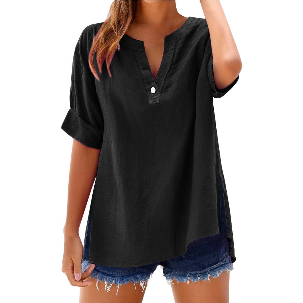 Women's Summer Tops Fashion Button Large Size Cotton and Linen Shirts