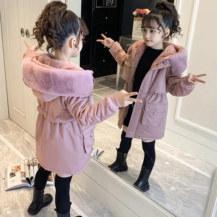 Girls Plush Velvet Fur Collar Coats Children's Winter Warm Hooded Outerwear Teenager Padded Parka