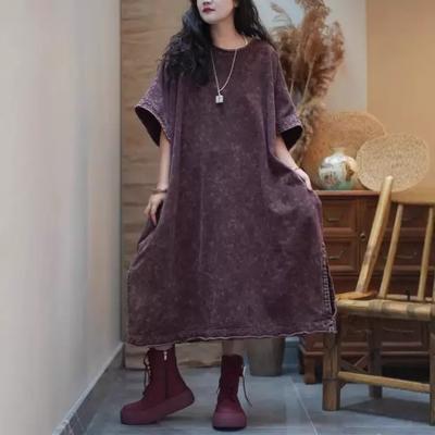 Verano Nuevo Estilo Artístico Mujer Cuello Redondo Holgado Vintage Línea A Vestido Largo Abertura Lateral Diseño Buena Calidad Algodón Lino Vestidos