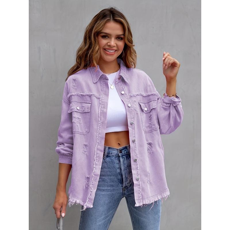

New solid color medium and long ripped long-sleeved denim jacket style jacket women S лавандовый