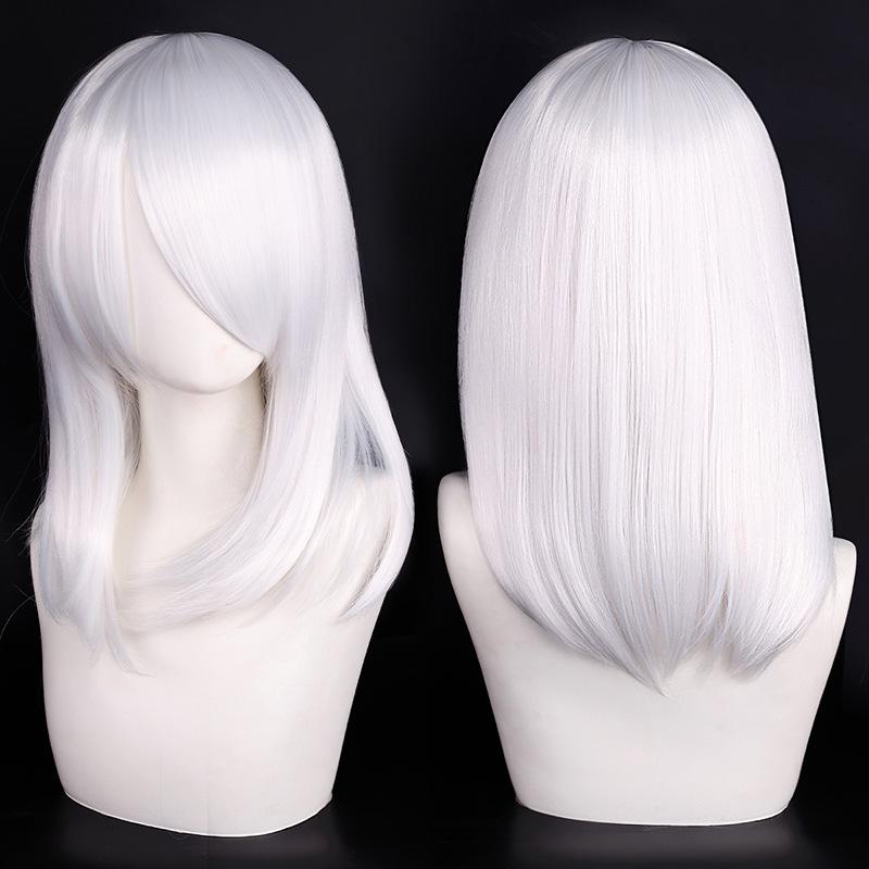 Hoge Kwaliteit 40cm Medium Cosplay Pruik Met Pony Zwart Blond Roze Rood Blauw Paars Hittebestendig Synthetisch Haar Pruiken white