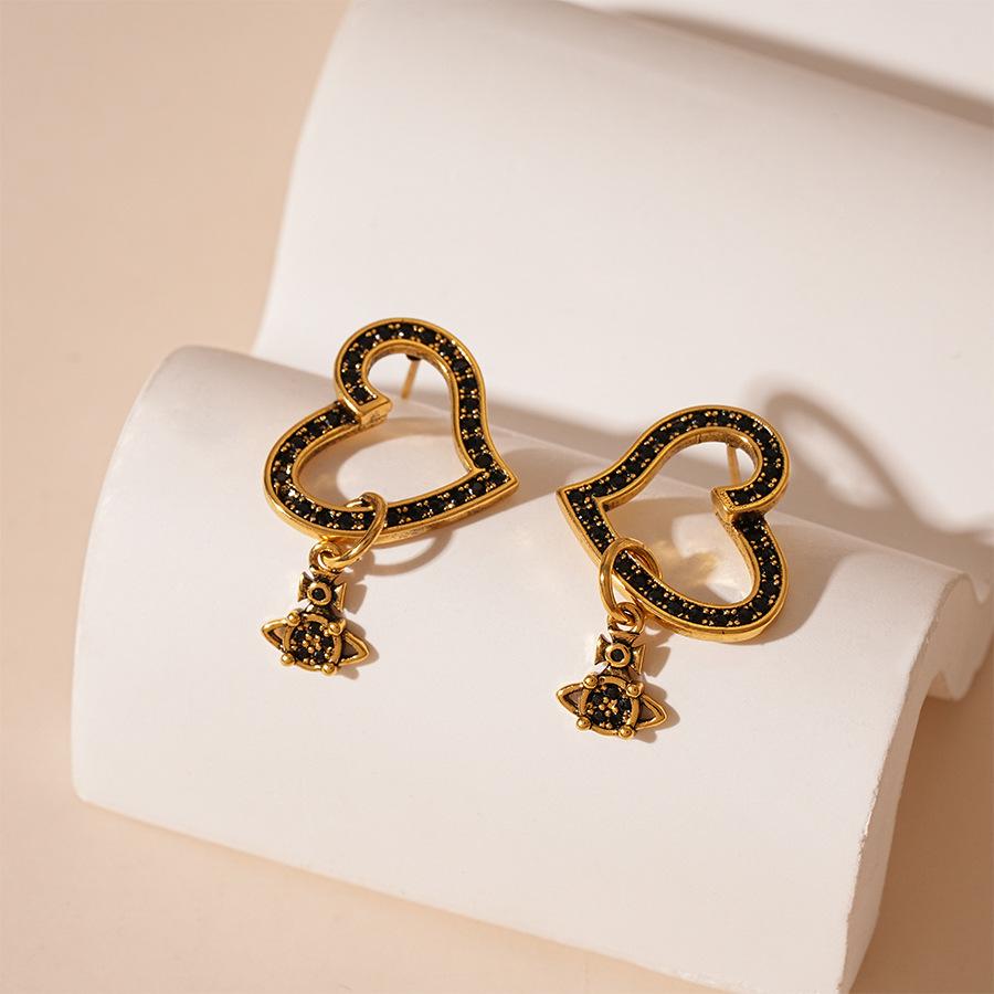 Dark Old Zircon Love Saturn Silver Needle Earrings Fashion Temperament Earrings