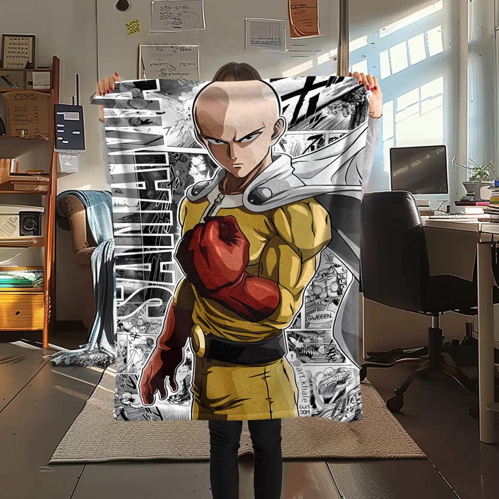 1 Stück One-Punch Man Aufdruck Flanelldecke, Hohe Qualität für Alle Jahreszeiten, Heimdekoration, Wärme und Komfort, Perfekt für Weihnachtsgeschenke