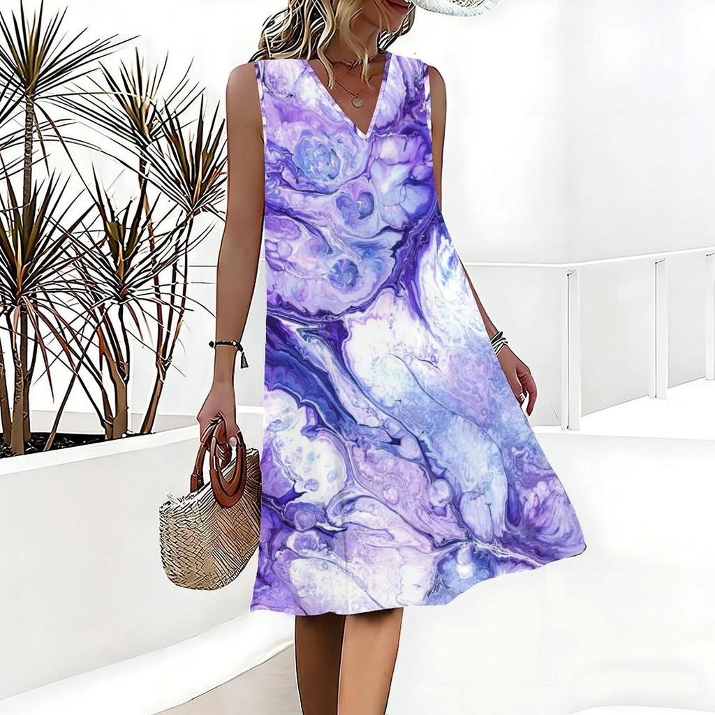 Plus Size V Neck Sleeveless Dress Sun Dappled Stream Forest Print For Afternoon Garden Leisure