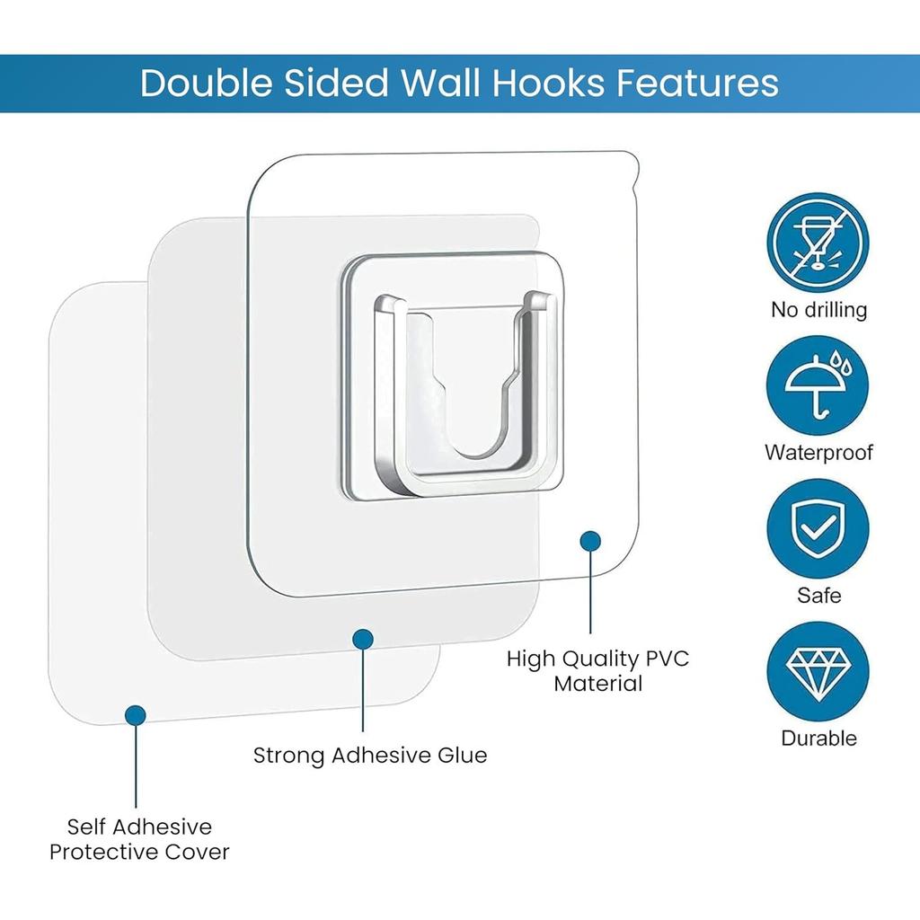 Stainless Steel Double-Sided Self Adhesive Male/Female Wall Hooks-Heavy-Duty,No-Drill,Transparent Sticker Hooks for Hanging Socket Box,
