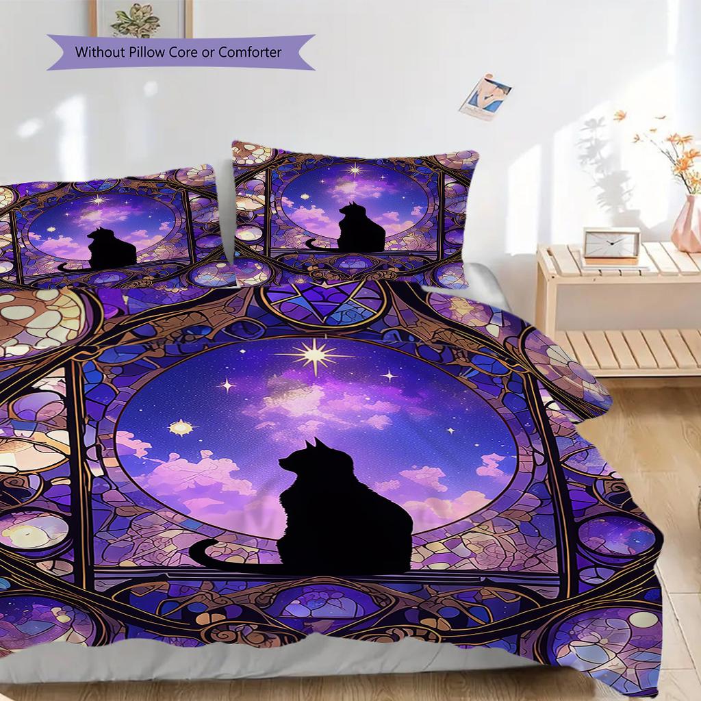 Black Cat Pattern Bedding Quilt Set Quilt Cover Pillowcase Home Decoration Birthday Gift (1 * Duvet Cover + 2 * Pillowcase, Without Core)