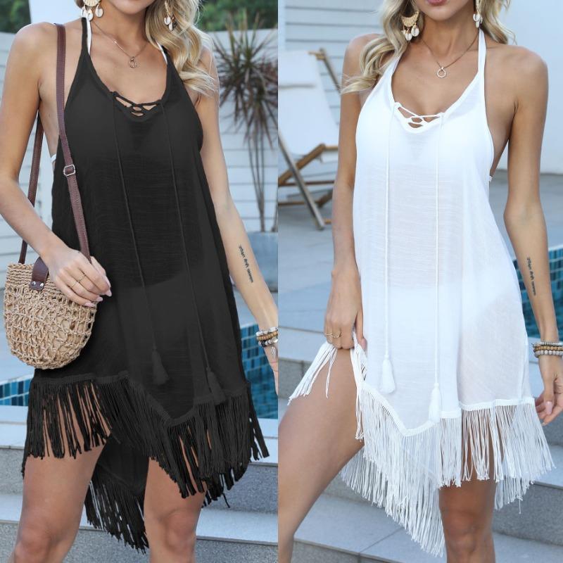 Dámské plážové třásně Patchwork šněrovací sexy bez zad bikiny smock šaty