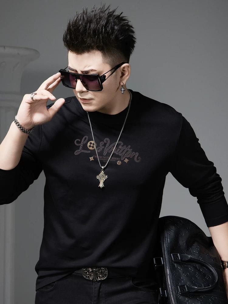European Style Autumn Long-Sleeve T-Shirt for Men 2025 New Trendy Round Neck Beaded Printed Base Shirt Men's Top