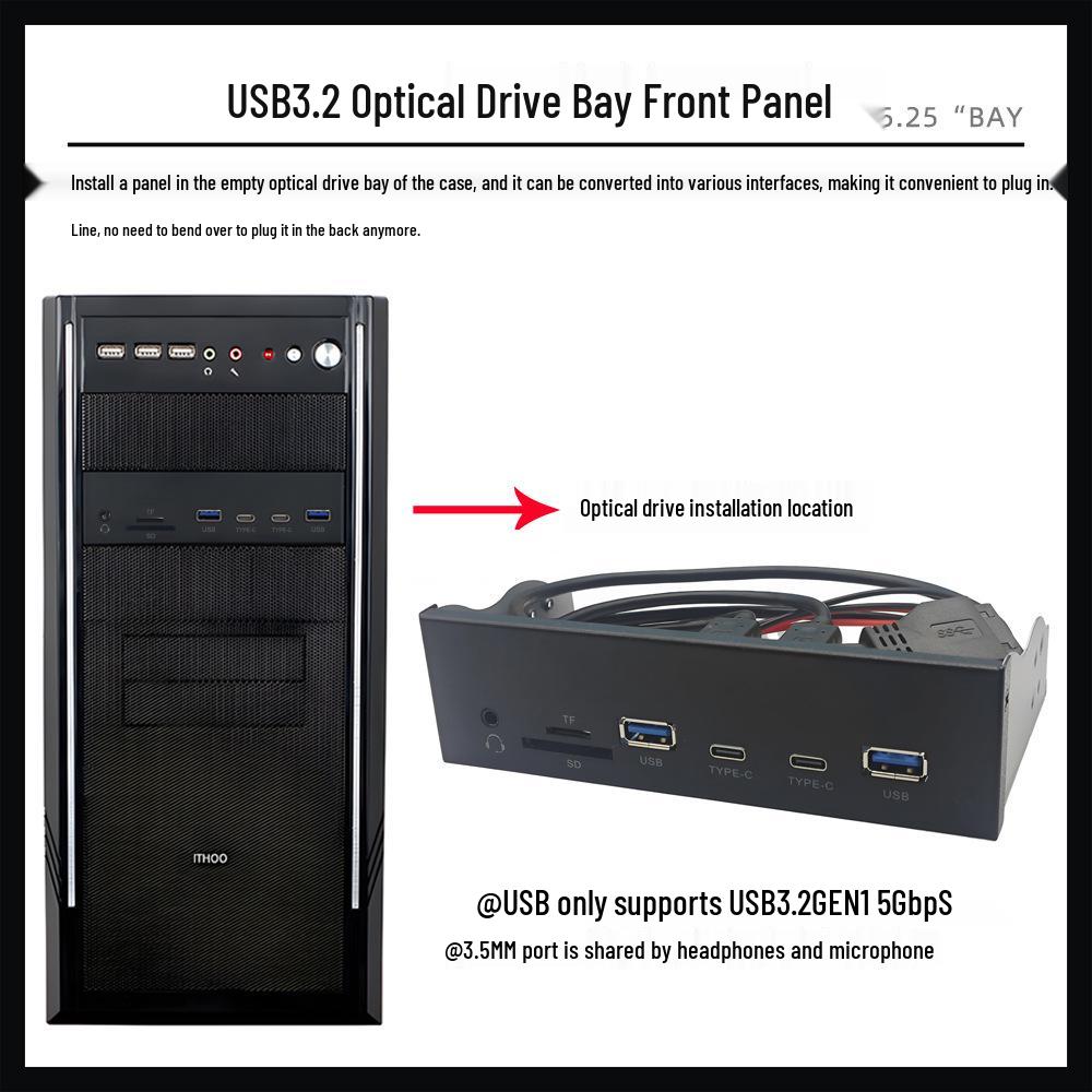5.25-inch USB 3.2 Gen 1 Optical Drive Bay Panel with HD Audio, USB-A, USB-C, and SD/TF Card Reader