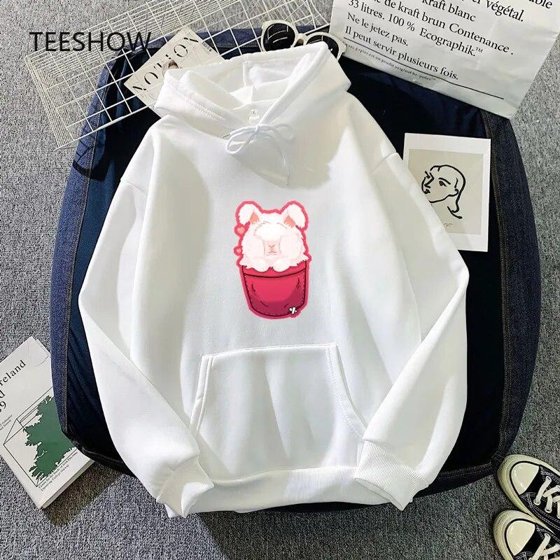 Angora Rabbit Pocket Hoodies WoUnisex Fashionable Hooded Sweatshirt Fleece Warm Pink Streetwear Hoody Autumn Unisex Clothes