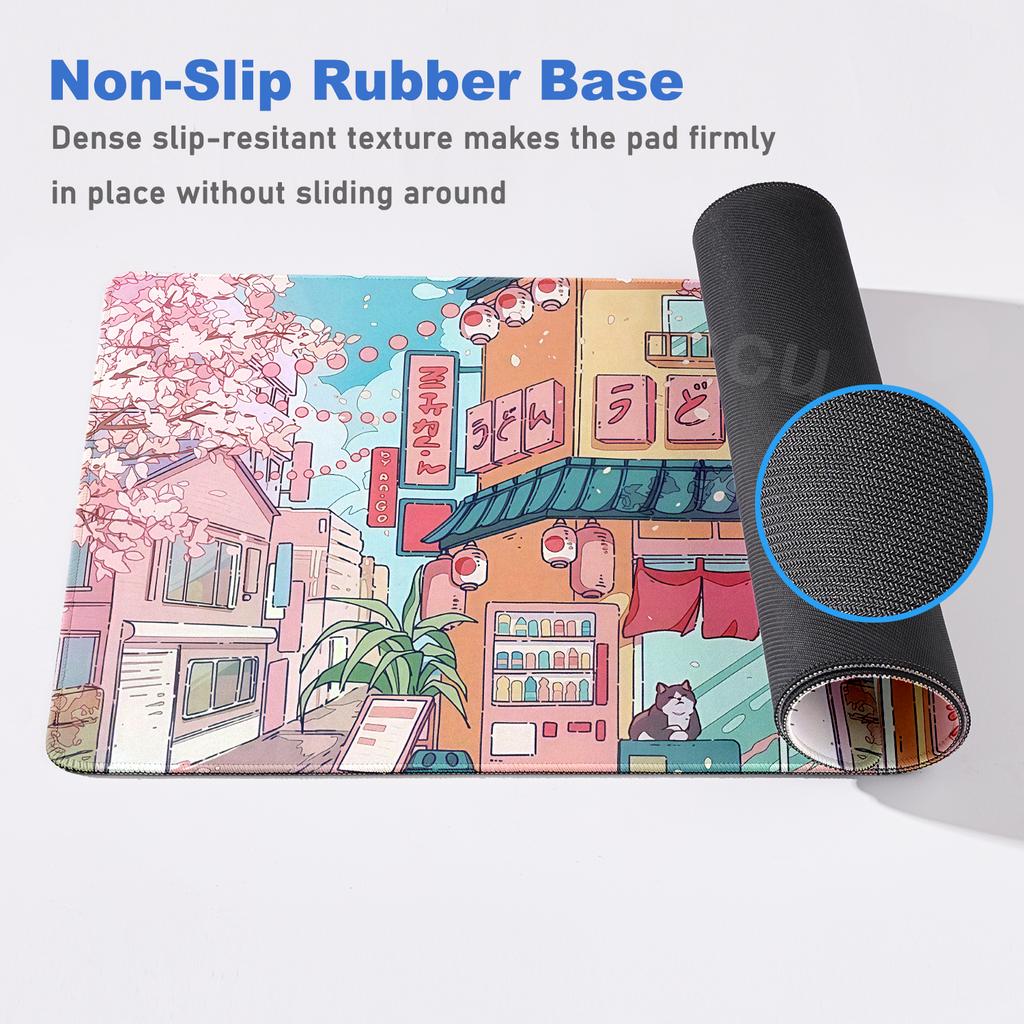 Anime Cat Mouse Pad Pink Cherry Blossom Street Landscape Mousepad Gaming PC Cabinet Mousemat Office Desk Accessories XXL Deskmat