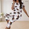 Women Plus Size Printed Round Neck Short Sleeve Flared Top Capri Pants Two Piece Loungewear Set
