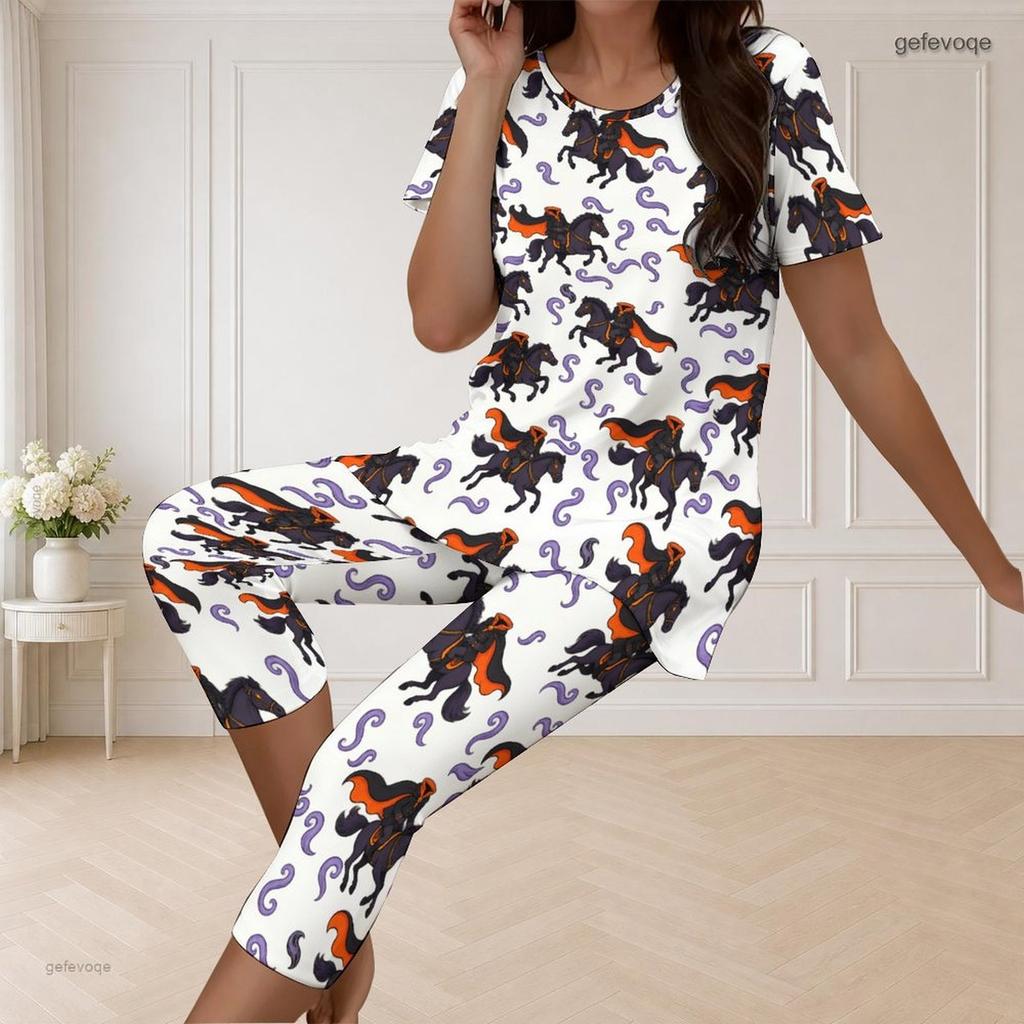 Women Plus Size Printed Round Neck Short Sleeve Flared Top Capri Pants Two Piece Loungewear Set
