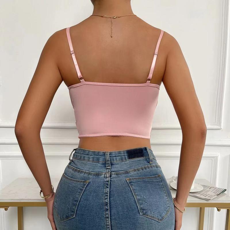 Sommer Floral Stickerei Crop Tops Frauen Spitze Mesh Schmetterling Gummiband Cami Top Damen Sexy Casual Backless Kurze Tank Top