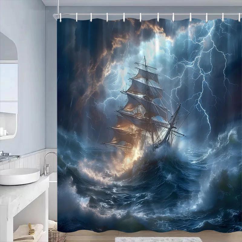 Sea Waves Sailboat Shower Curtains Night Lightning Ocean Nature Landscape Bathroom Curtain Decorative Polyester Cloth with Hooks