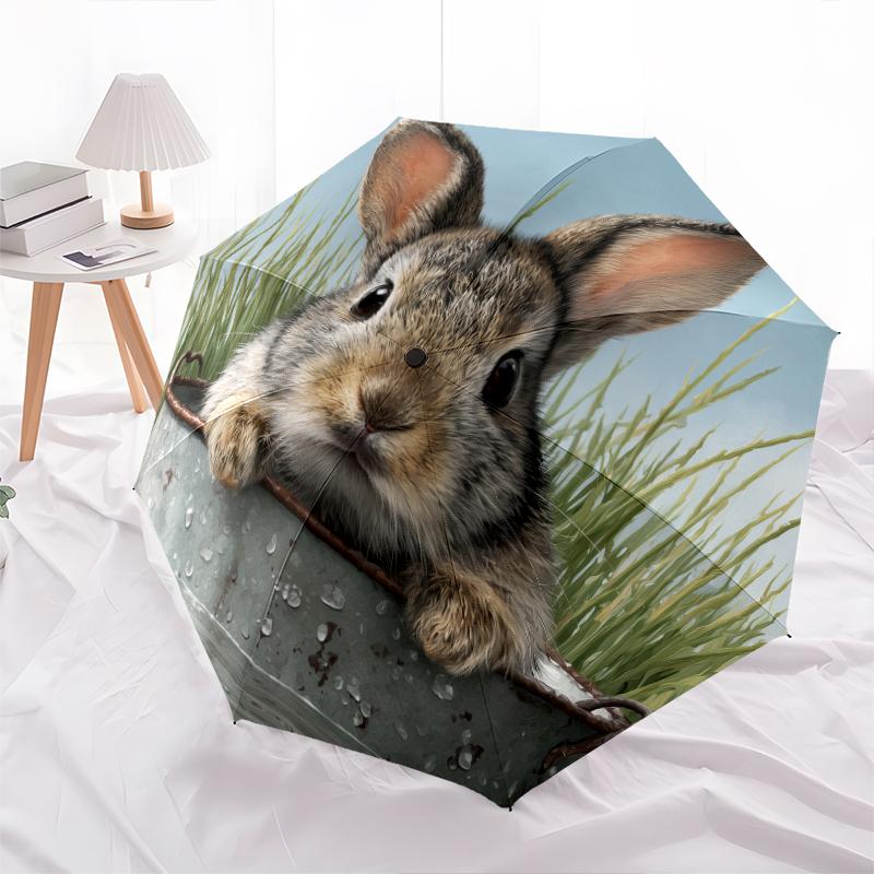 Motivo con conigli, ombrello pieghevole automatico, design portatile e pieghevole, 8 stecche, un regalo di Natale o di compleanno.