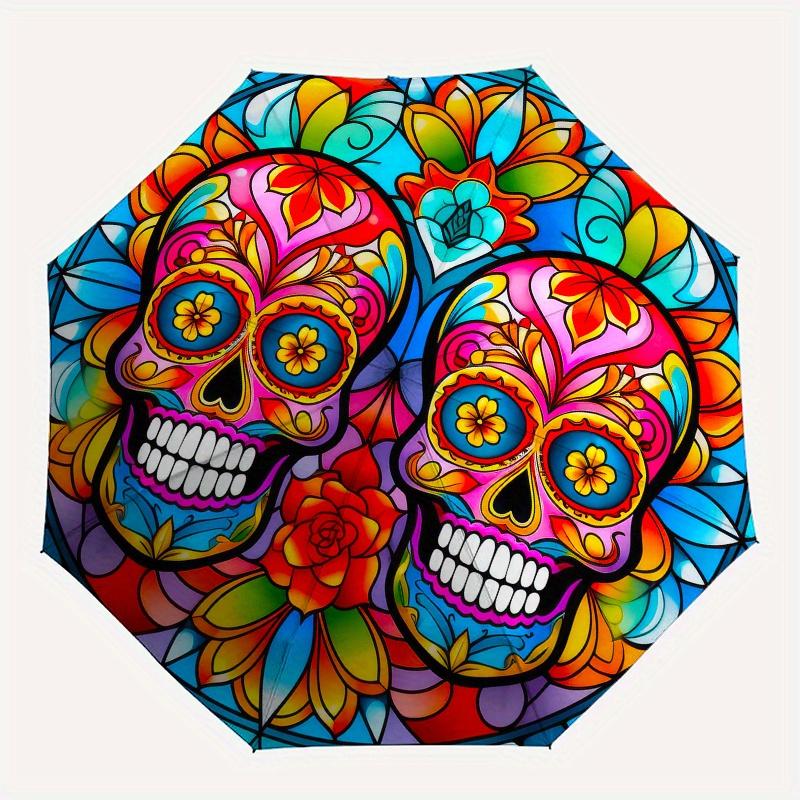 Colorful Sugar Skull Stained Wall Art DecorUmbrellaPortable 3-Fold Compact Umbrella for Men & Women Gift