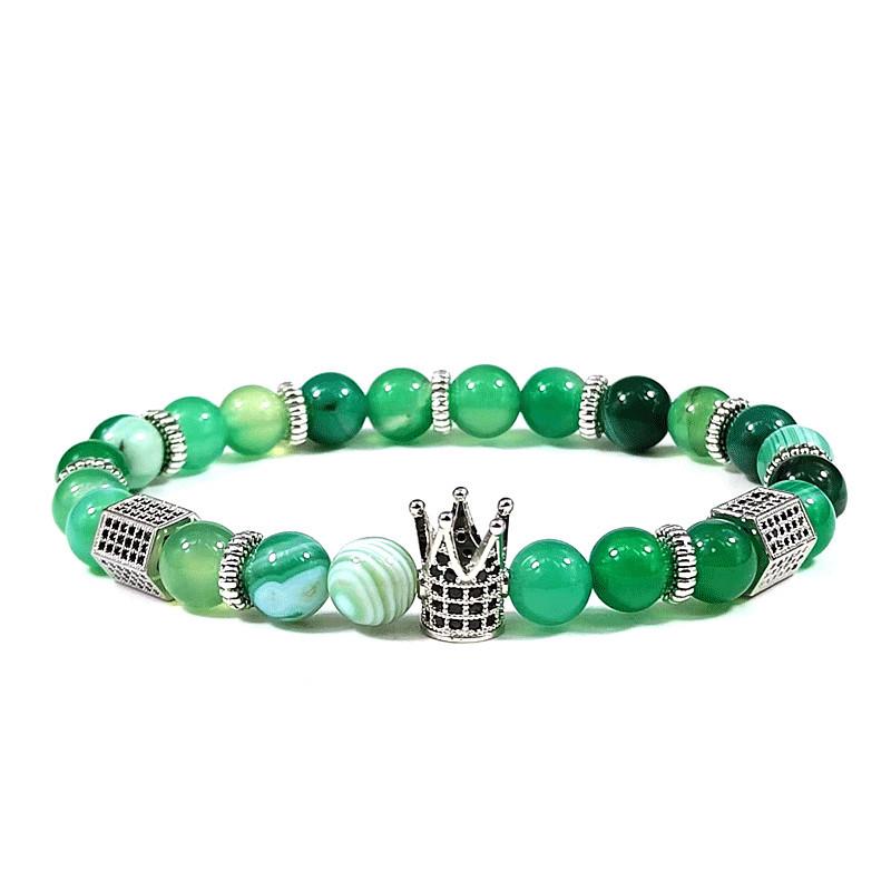 8mm Natürliches gestreiftes Achat Kronenarmband mit Kupfer- und Zirkon-Sechseck-Akzenten