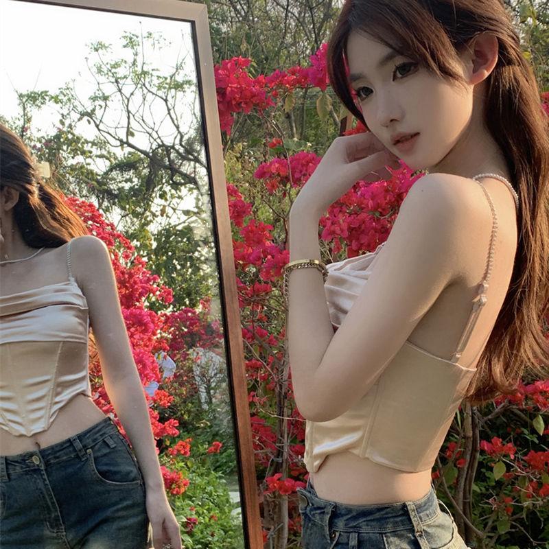 Women's Tops Sexy Hot Satin Undershirt Solid Color Slim Tops Sweet Cool Chain Undershirt