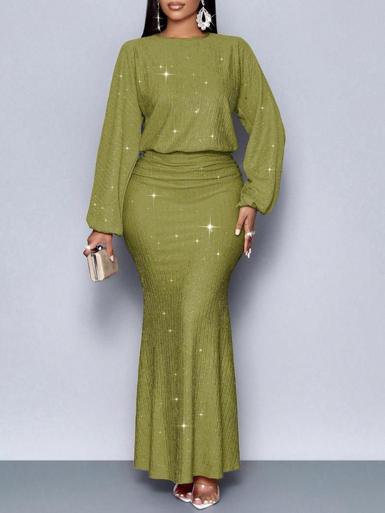 New Style Rhinestone Long Sleeve Fishtail Ruffles Pleated Dress