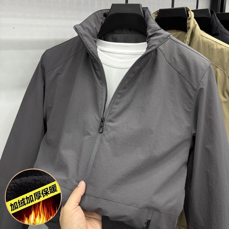 Men's Warm Velvet Jacket - Thick Stand Collar, Windproof, Solid Color Winter Coat for Middle-aged and Young Men.