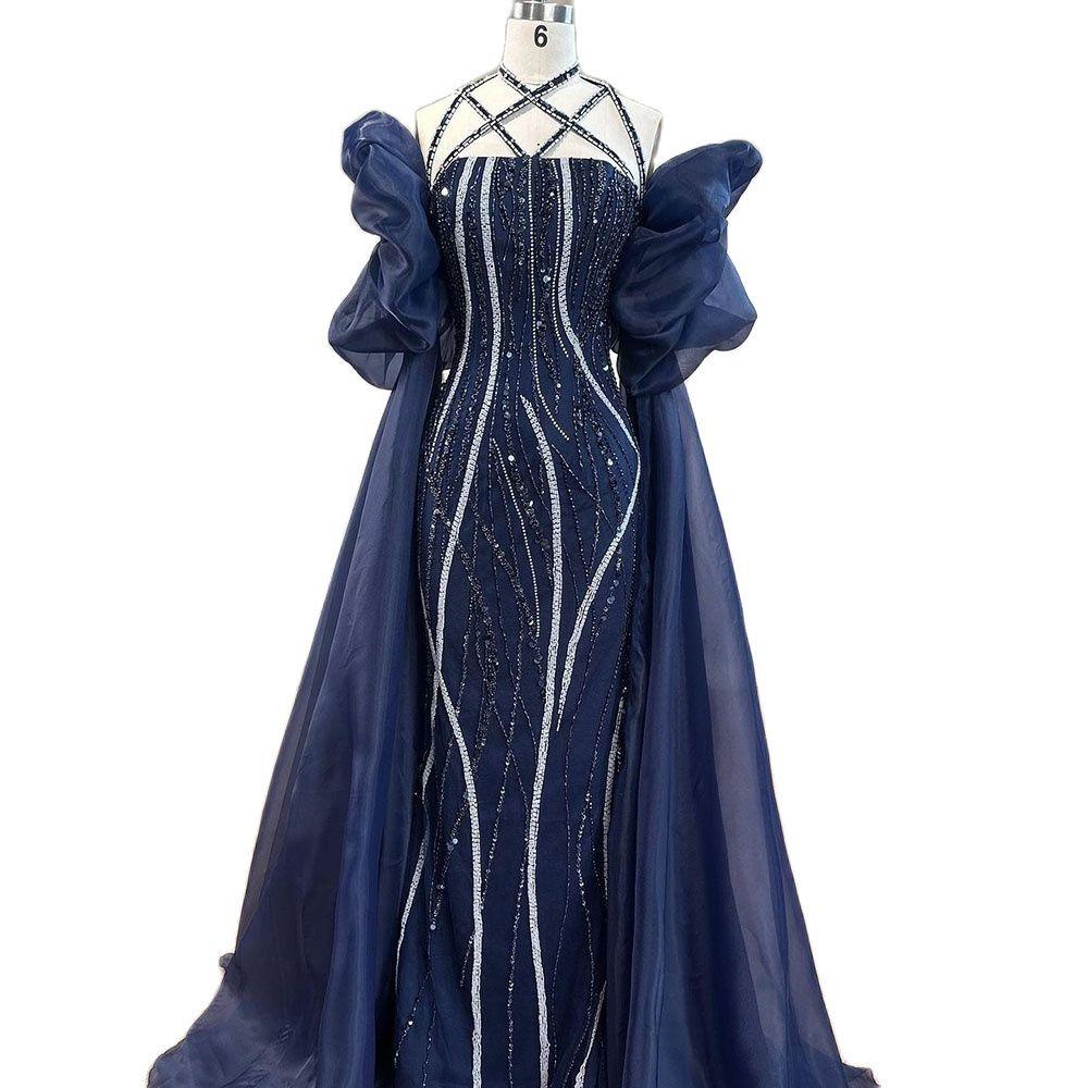 Dark blue bead bubble sleeve temperament fashion long dress annual meeting hosting banquet light luxury dress skirt women LA11011