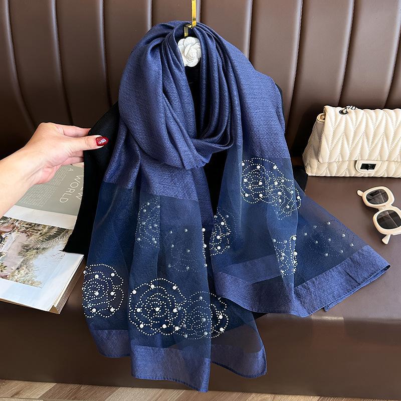 Elegant Organza Silk Scarf With Beads Solid Color 190*70Cm Long Scarves Embroidery Flowers Pearl Solid Shawls For Women Hijab