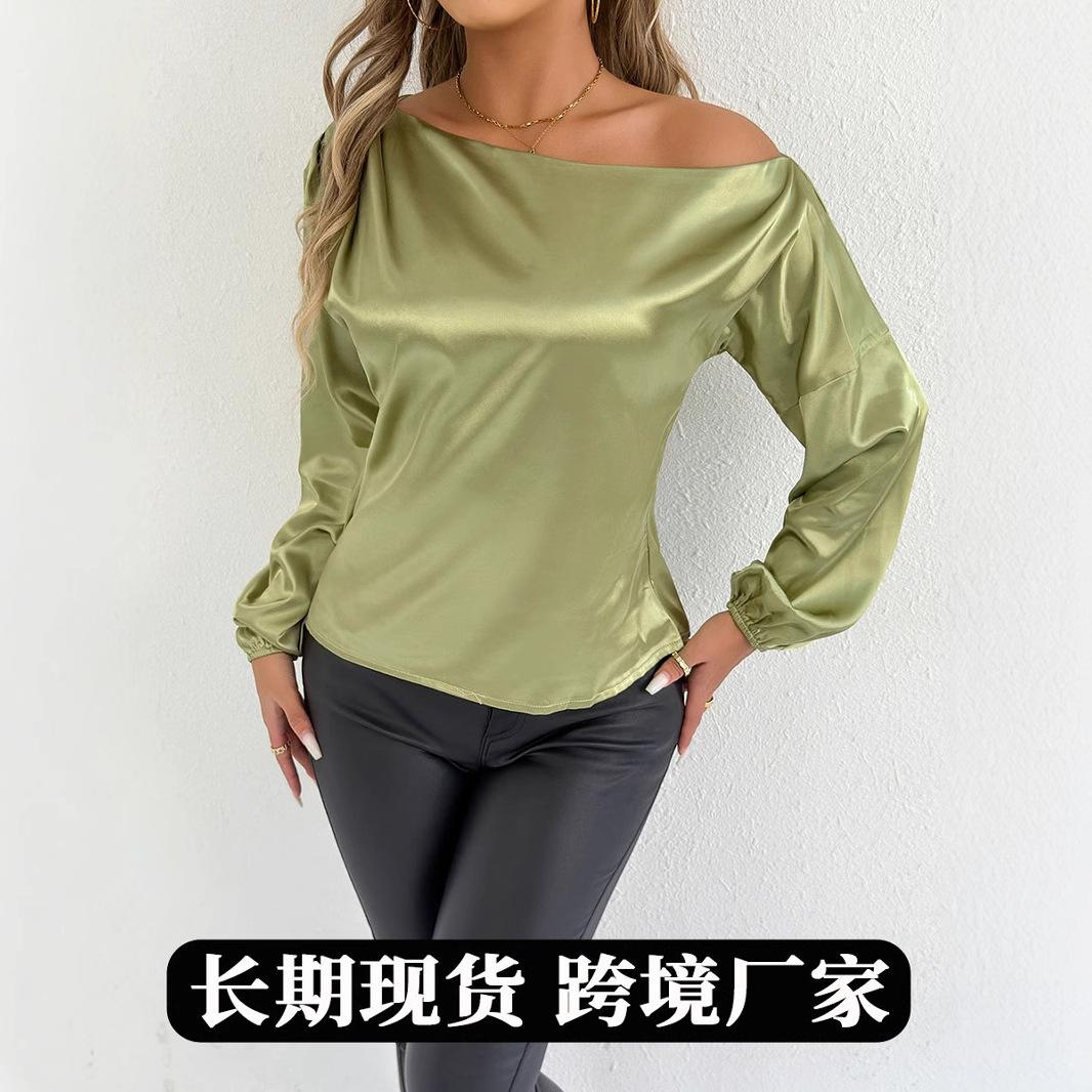 Women Satin Off Shoulder Long Sleeve Lantern Blouse S жёлтый