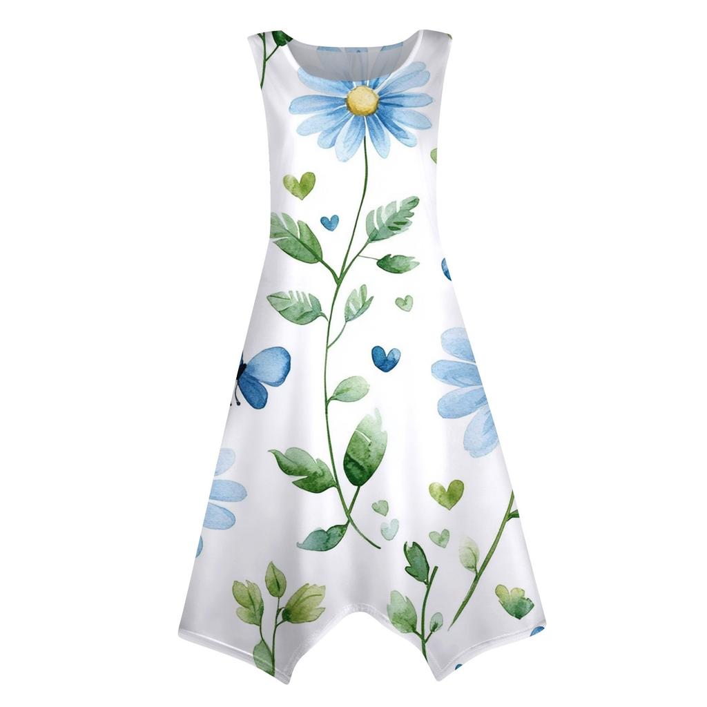 Robe mi-longue décontractée à col rond et sans manches pour femme, imprimé floral vintage avec ourlet irrégulier