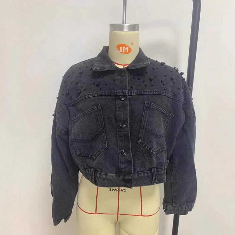Womens Denim Jacket Short Loose Fit Oversized Cropped Jean Coat With Embellished Beading Casual Chic Outerwear