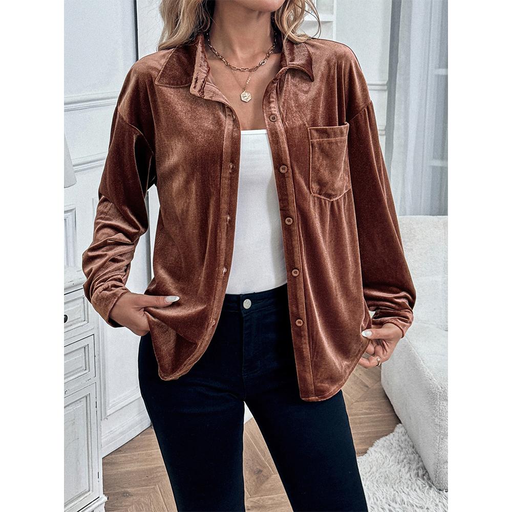 Damen Samt Button-Down Hemden Herbst Schick Lässig Vintage Oberteile V-Ausschnitt Raffinierte Blusen Langarm T-Shirts für Damen