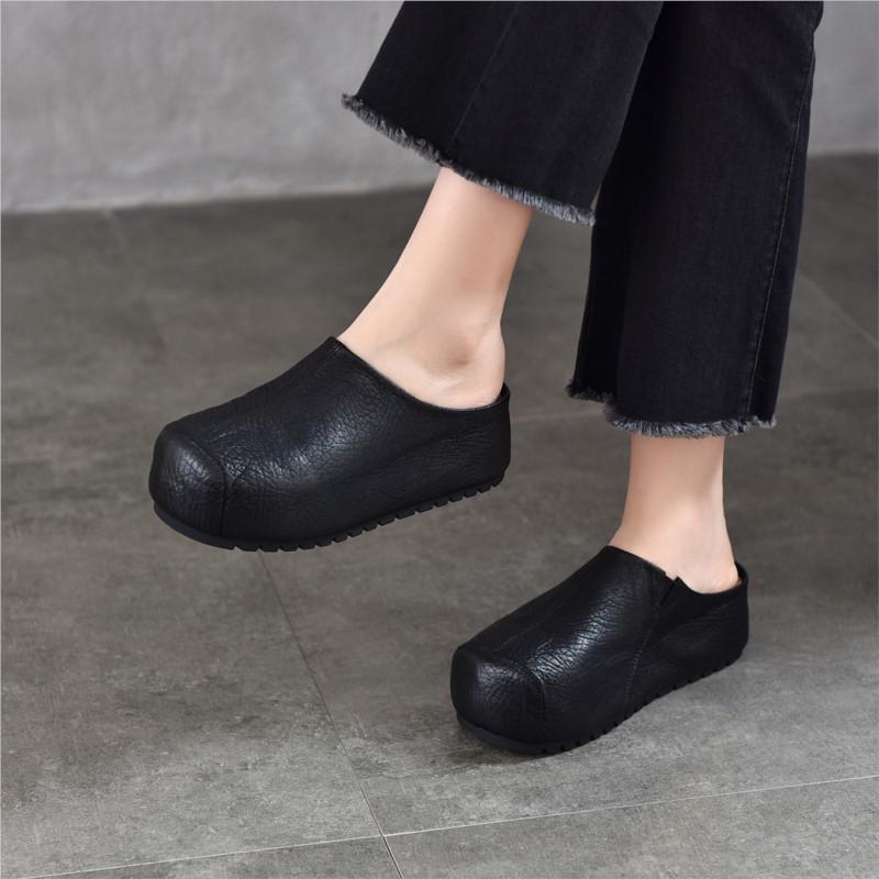 Johnature Genuine Leather Height-increasing Sandals Versatile Thick Soled Round Toe Women's Outdoor Slippers