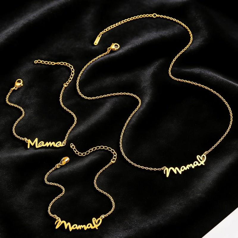 Stainless Steel MAMA Letter Pendant Necklace Bracelet Set Women Minimalist Elegant Mothers Day Gift